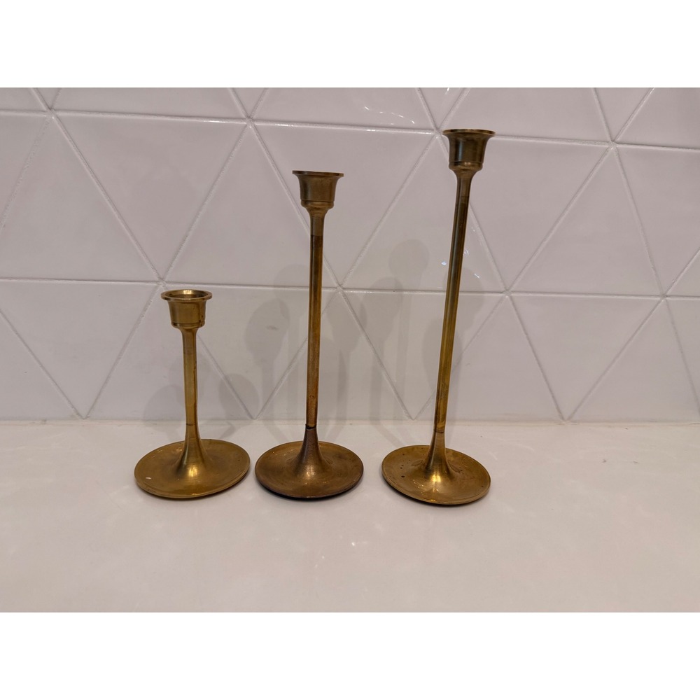 Vintage Brass Candlestick Holders Set of 3 Graduated Mid Century Modern Tapers